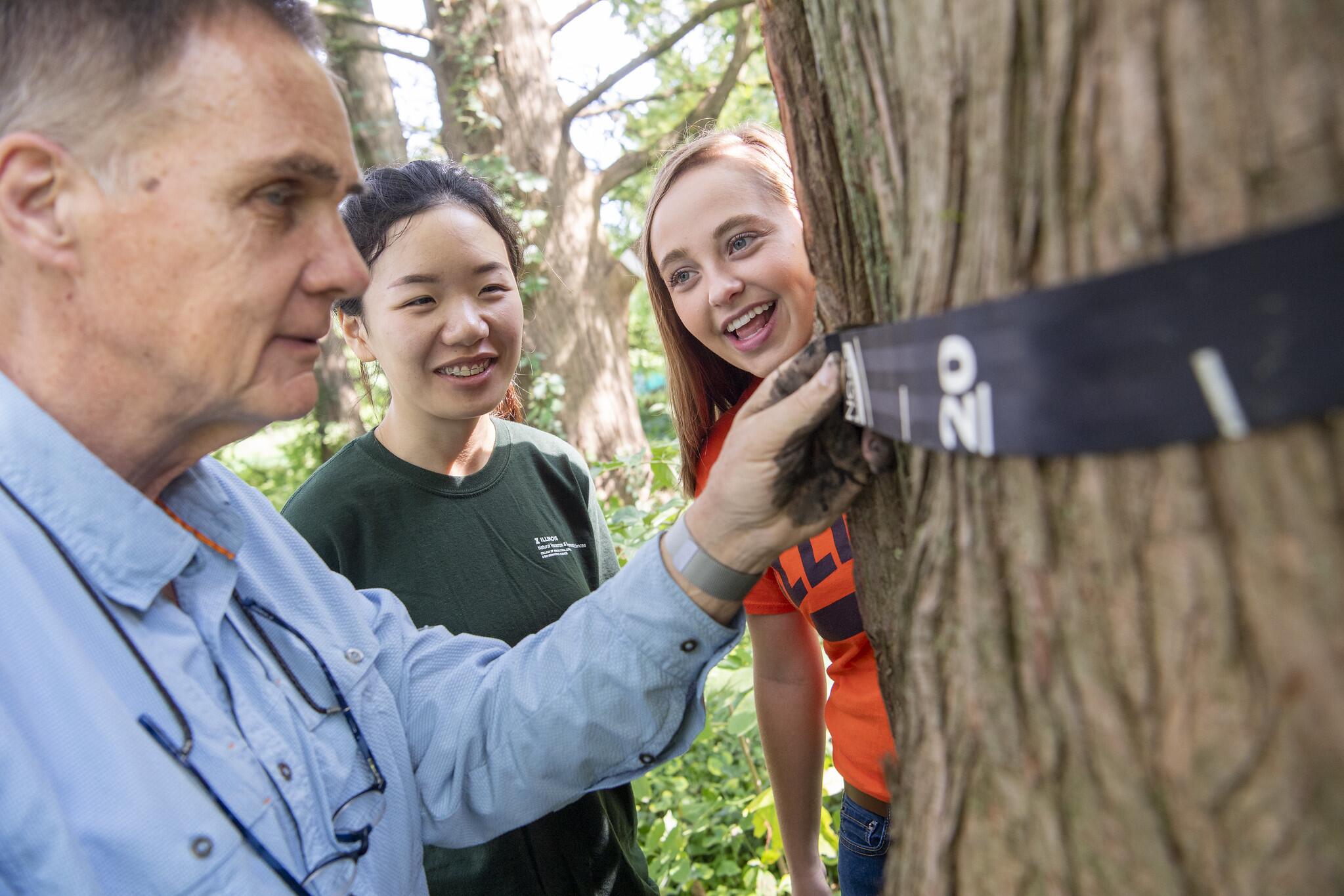 Students and professor measuring a tree's width.