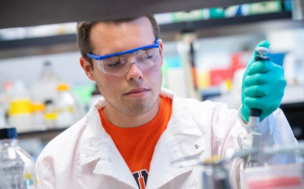Student working in a lab and using a pipette